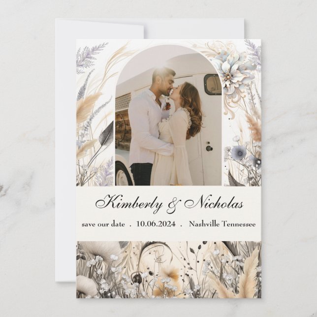Boho Arch Rustic Earthy Pampas Floral Botanical Save The Date (Front)