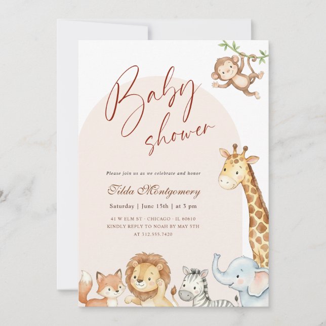 Boho Arch Safari Animals Baby Shower Invitation (Front)