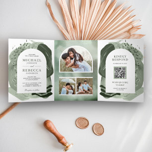 Boho Arch Sage Green Brush Strokes QR Code Wedding Tri-Fold Invitation