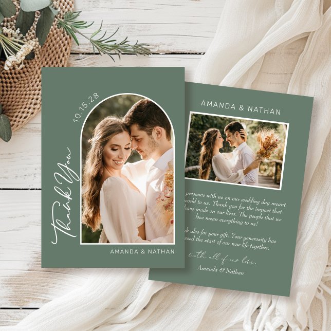 Boho Arch Sage Green Wedding Thank You Card (Creator Uploaded)