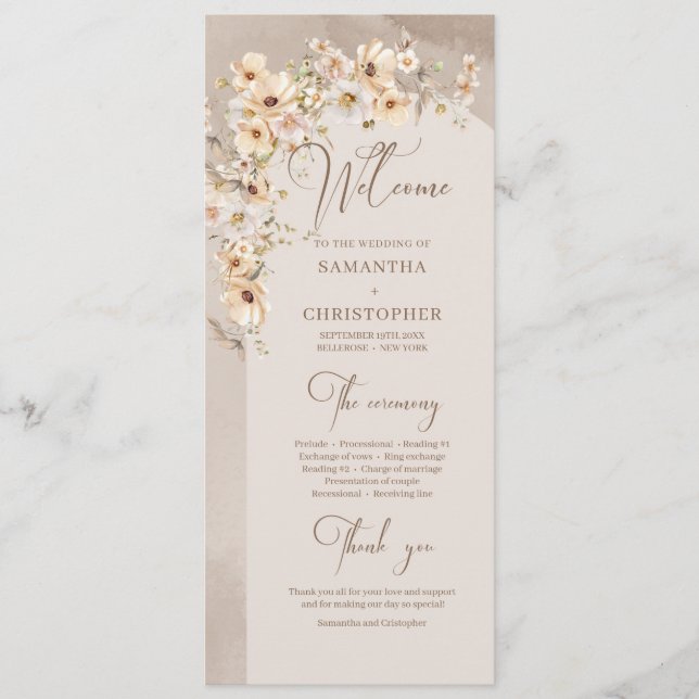 Boho arch summer rustic wildflower wedding program programme (Front)