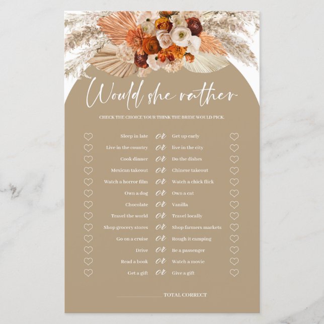 Boho arch terracotta pampas Would she rather game (Front)