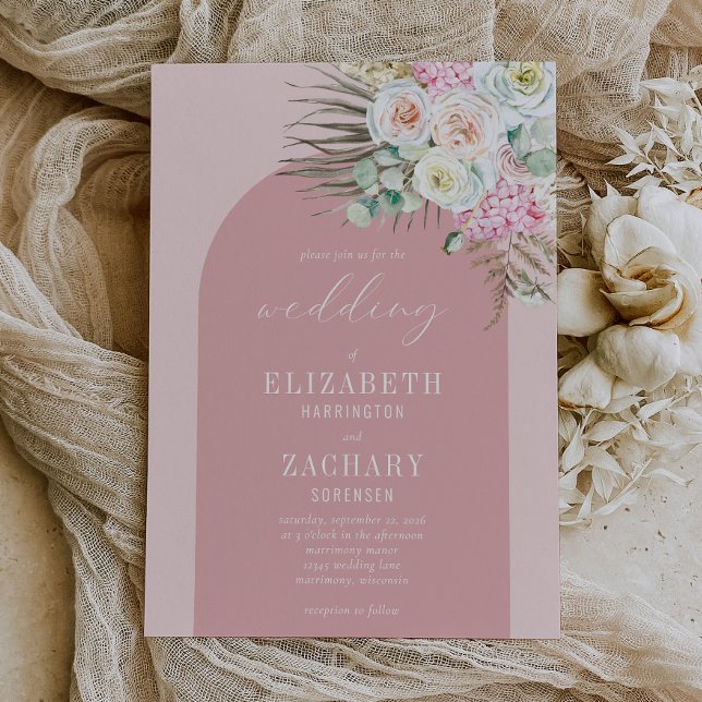 Boho Arch Tropical Floral Dusty Rose Wedding Invitation (Creator Uploaded)