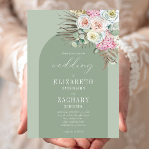 Boho Arch Tropical Floral Sage Green Wedding Invitation