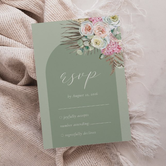 Boho Arch Tropical Sage Green Wedding RSVP Card (Creator Uploaded)