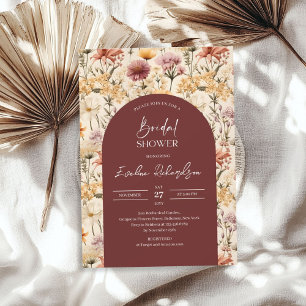 Boho arch watercolor burgundy yellow wildflowers invitation