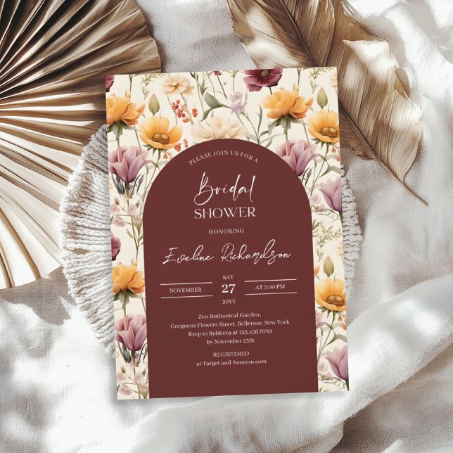 Boho arch watercolor burgundy yellow wildflowers invitation (Boho arch watercolor burgundy yellow wildflowers invitation)