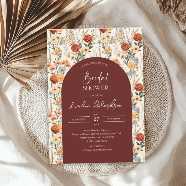 Boho arch watercolor crimson red yellow wildflower invitation (Boho arch watercolor crimson red yellow wildflower invitation)