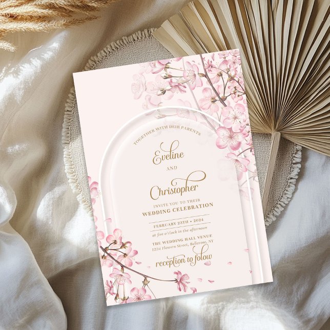Boho arch watercolor soft pink cherry blossom gold invitation (Boho arch watercolor soft pink cherry blossom gold invitation)