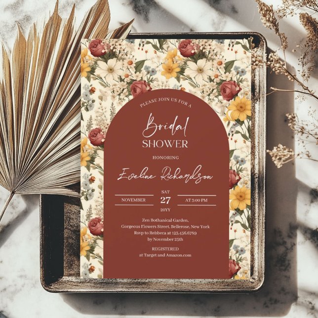 Boho arch watercolor terracotta yellow wildflowers invitation (Boho arch watercolor terracotta yellow wildflowers invitation)