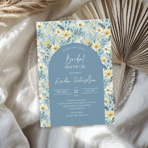 Boho arch watercolor yellow dusty blue wildflowers invitation