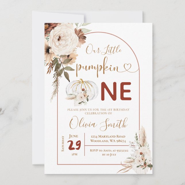 Boho Arch White Pumpkin 1st Birthday Pampas Grass Invitation (Front)