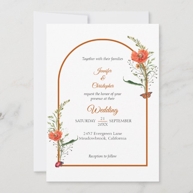 Boho Arch Wildflower Orange Wedding Invitation (Front)