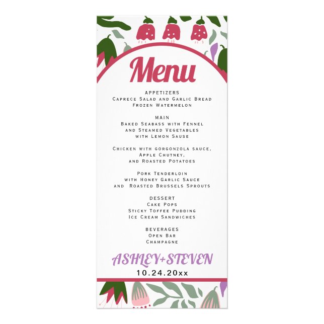Boho arch with folklore flowers wedding menu card (Front)