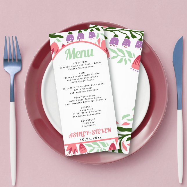 Boho arch with retro flowers wedding menu card (Creator Uploaded)