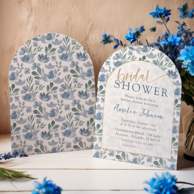 Boho Arched Bridal Shower Dusty Blue Floral  Invitation (Creator Uploaded)