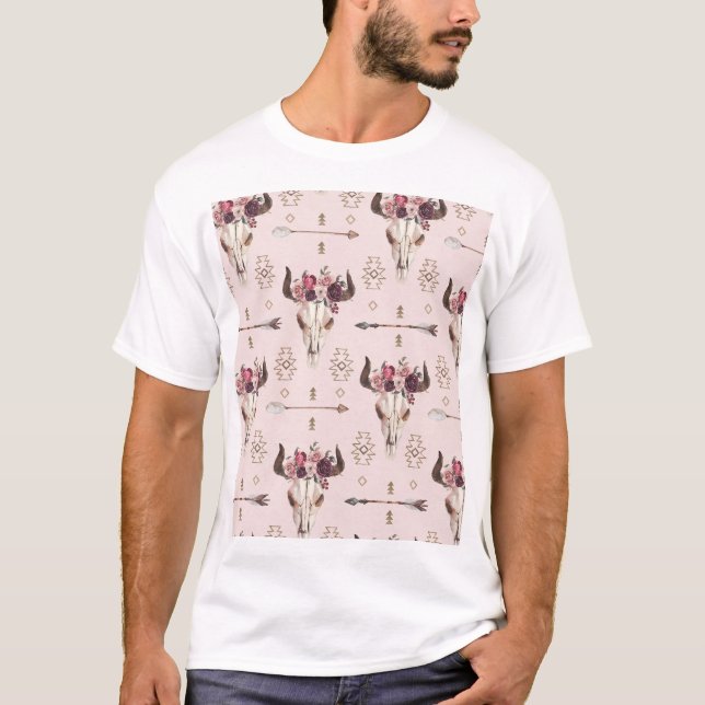 Boho arrows and skull, watercolor pattern. T-Shirt (Front)