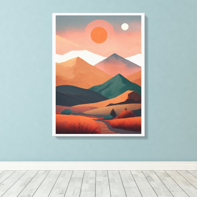 Boho art minimalist landscape mountains canvas print (Insitu(Wood Floor))