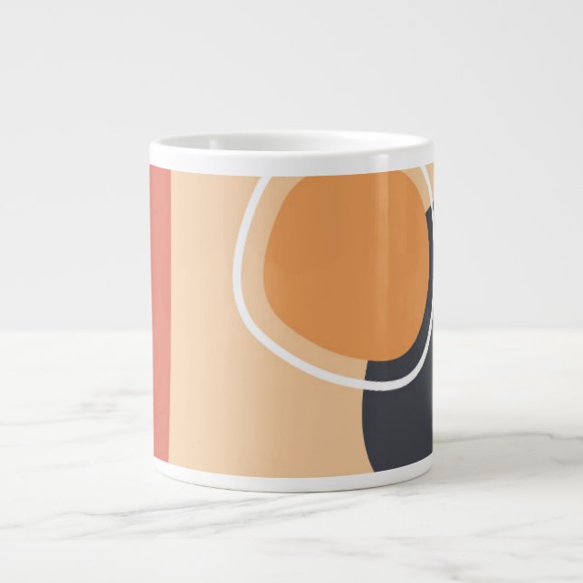 Boho art, terracotta red, blue, white line art large coffee mug (Front)