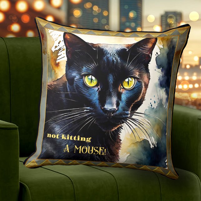 Boho Artistic Funny Cat Animal Art Cushion (Boho artistic funny cat lovers pillow featuring a watercolor painting of a cute black cat)