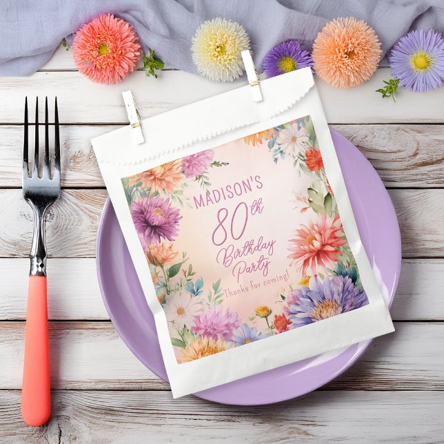 Boho Aster Flowers Floral 80th Birthday Party Favour Bags (Boho Aster Flowers Floral 80th Birthday Party Favor Bag)
