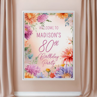 Boho Aster Flowers Floral 80th Birthday Party Poster