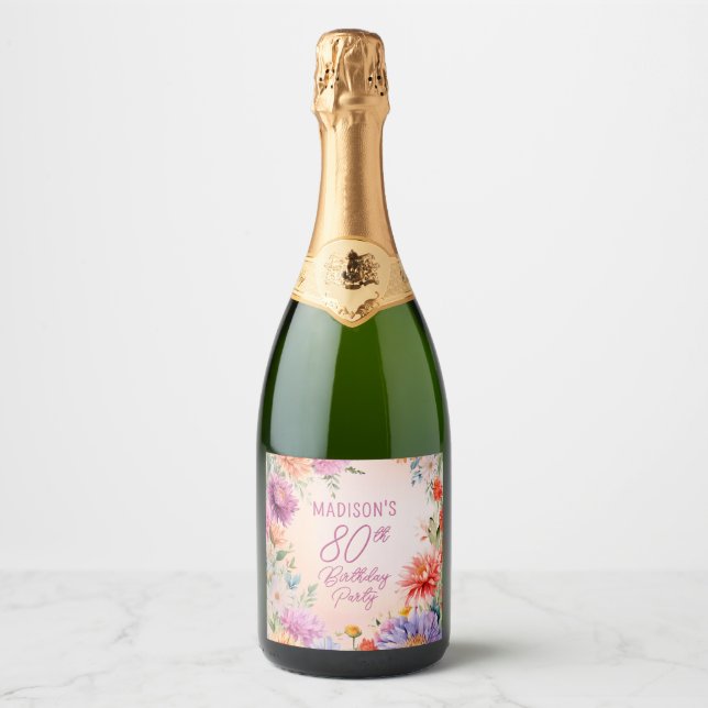 Boho Aster Flowers Floral 80th Birthday Party Sparkling Wine Label (Front)