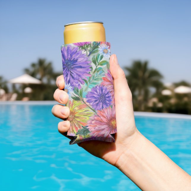 Boho Aster Flowers Floral Garden Party Seltzer Can Cooler (In Situ Pool)