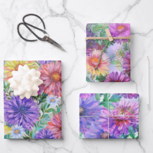 Boho Aster Flowers Floral Wrapping Paper Sheet