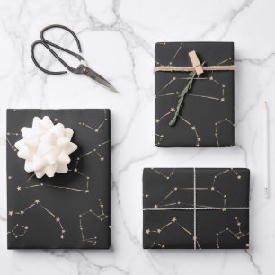 Boho Astrology Constellations and Stars Black Gold Wrapping Paper Sheet