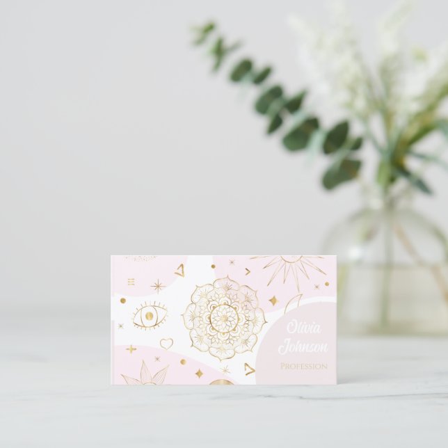 Boho Astrology Gold Celestial Pattern  Business Card (Standing Front)