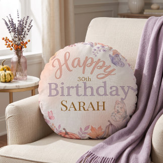 Boho Autumn Birthday Pumpkin Custom Round Cushion