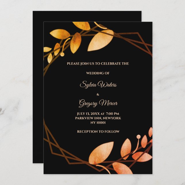 Boho autumn botanical gold frame wedding invitation (Front/Back)