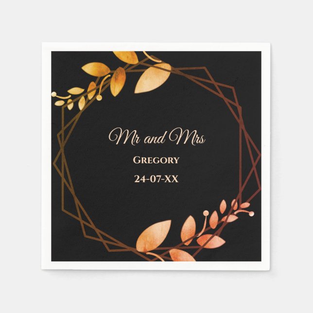 Boho autumn botanical gold frame wedding napkin (Front)