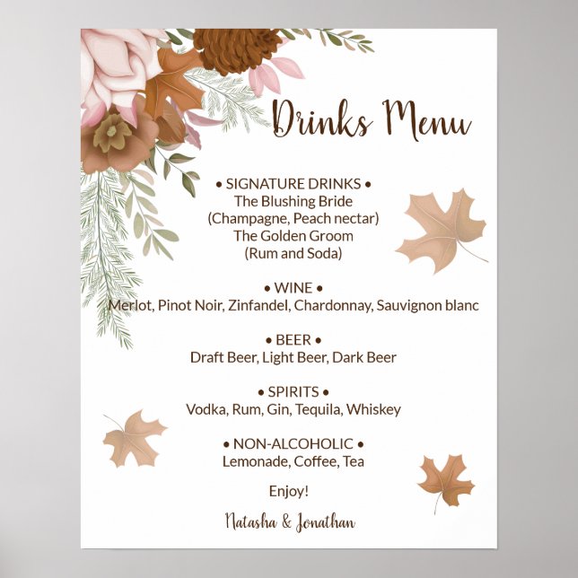 Boho Autumn Drinks Menu Wedding Sign (Front)