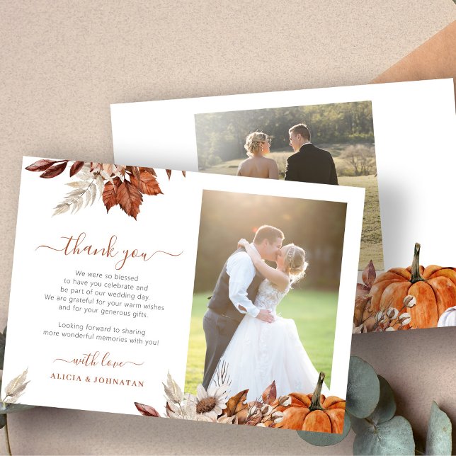 Boho autumn fall 2 photos elegant script wedding thank you card (Creator Uploaded)