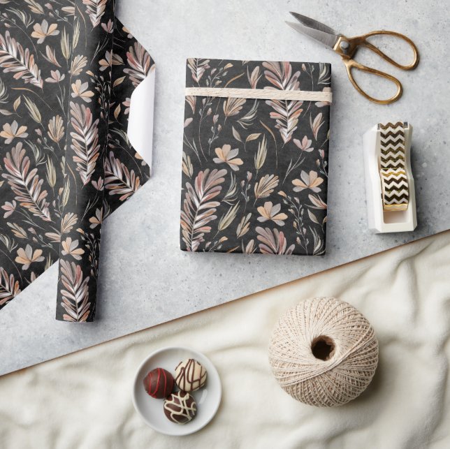 Boho Autumn Fall Foliage Rust Green On Black Wrapping Paper (Crafts)