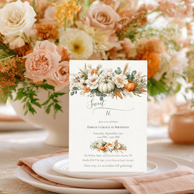 Boho Autumn Floral Arrangement Sweet 16 Invitation (Creator Uploaded)