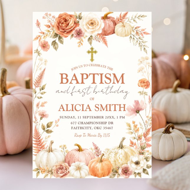 Boho Autumn Floral Baptism & First Birthday  Invitation (Creator Uploaded)