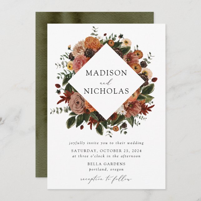 Boho Autumn Floral Frame Wedding Invitation (Front/Back)