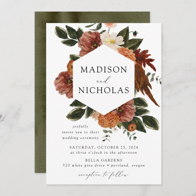 Boho Autumn Floral Frame Wedding Invitation (Front/Back)