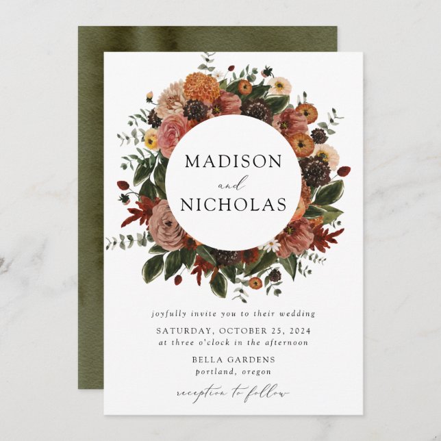 Boho Autumn Floral Frame Wedding Invitation (Front/Back)