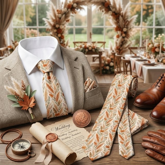 Boho Autumn Floral Pampas Grass Botanical Wedding Tie (Creator Uploaded)