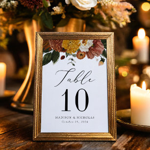 Boho Autumn Floral Personalised Wedding Table Number