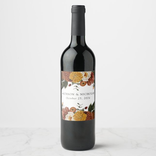Boho Autumn Floral Personalised Wedding Wine Label (Front)