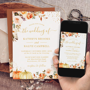 Boho Autumn Floral Terracotta Gold Pumpkin Wedding Invitation