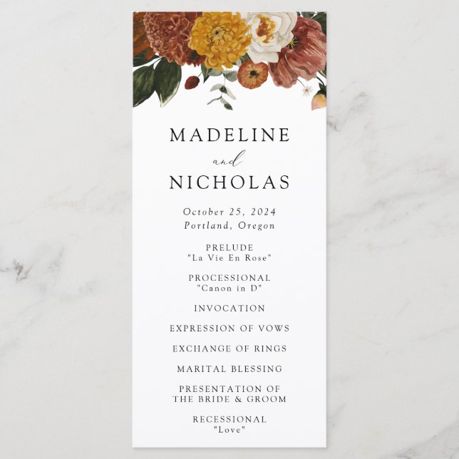 Boho Autumn Floral Wedding Ceremony Programme (Front)