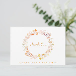 Boho Autumn Floral Wreath Custom Wedding Names Thank You Card