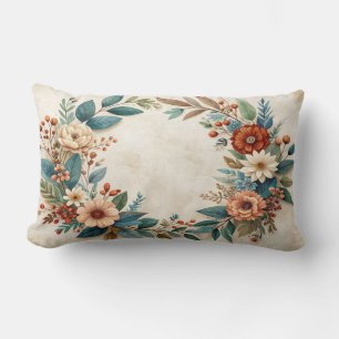 Boho Autumn Floral Wreath Pillow - Teal Leaves Cor