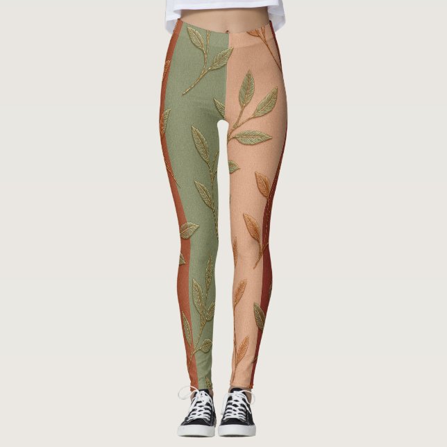 Boho Autumn Leaves Striped Leggings (Front)